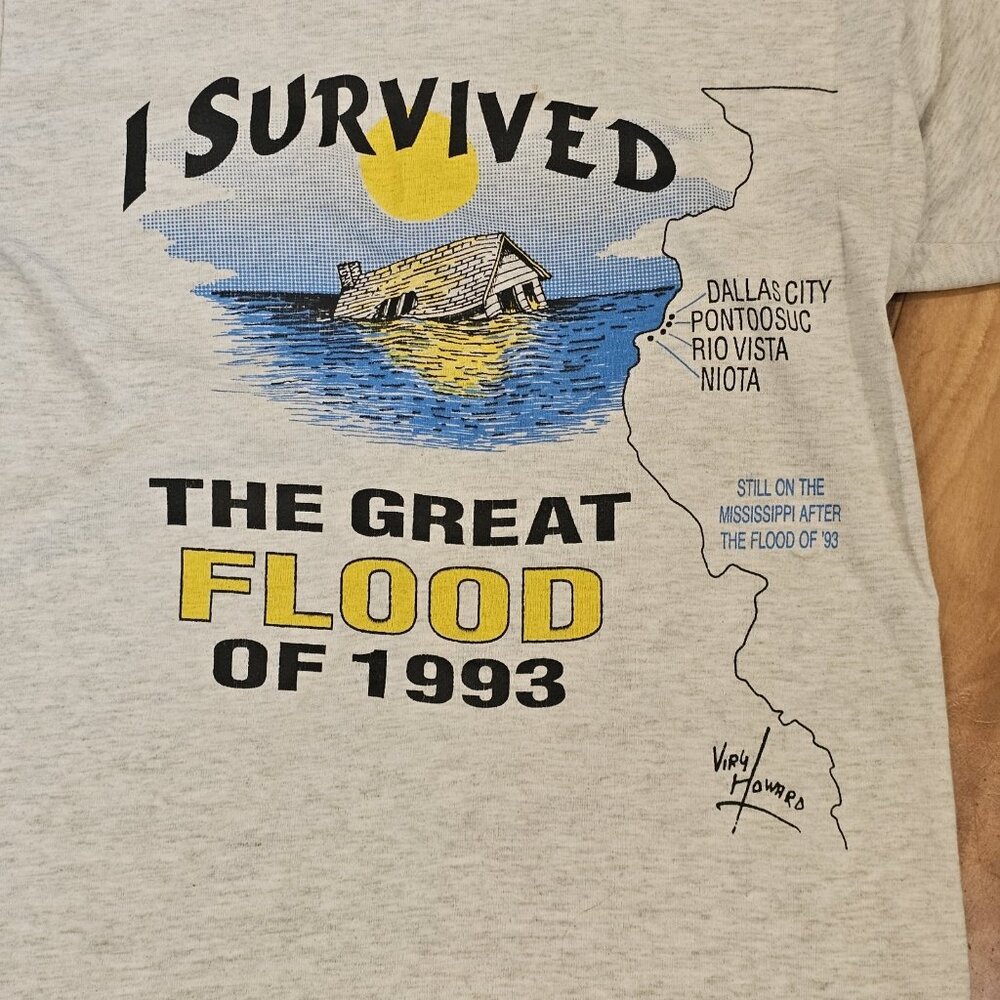 90s Mississippi River Flood Tshirt I Survived Tshirt Shirt Gray Sz S USA - Picture 3 of 11